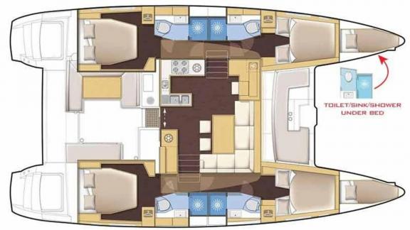 Among Rhodes catamaran charter options Escape 46 shows layout plan with cabins and interior spaces.