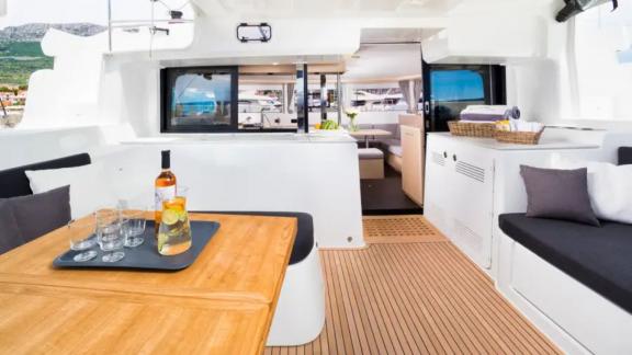 Lagoon 46 Madame El Grande offers a comfortable aft deck space for outdoor living and relaxation in Kastela.