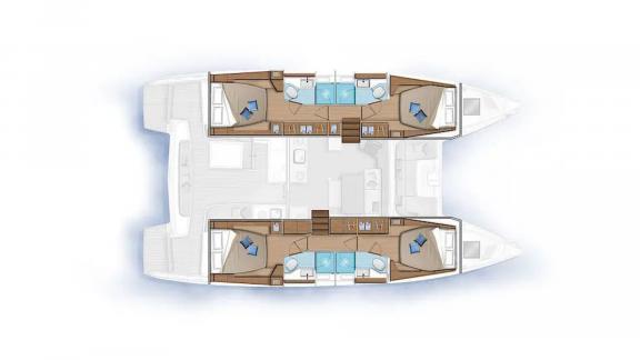 Layout plan of Lagoon 46 Madame El Grande showing cabins, bathrooms and onboard living spaces.