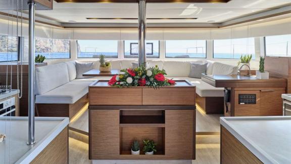 The catamaran Andare Avanti features a spacious and stylish interior near Athens.