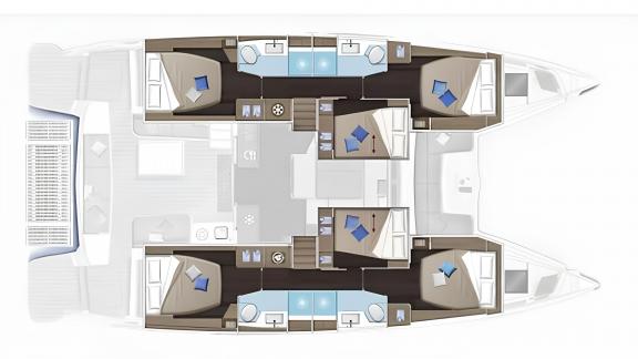 The layout of Aranel catamaran in Lefkada shows the saloon, galley and 6 cabin accommodation plan.