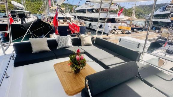 Eldamar’s upper deck offers shaded seating and marina views while docked in Trogir.