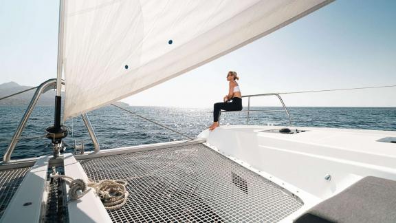 The bow net of Eldamar catamaran near Trogir offers peaceful moments at sea.