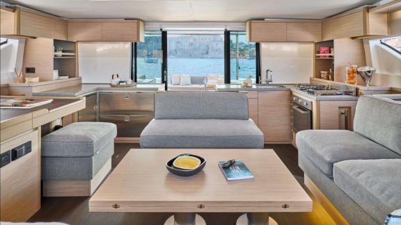 Eldamar’s stylish salon features a full kitchen and cozy seating while anchored near Trogir.