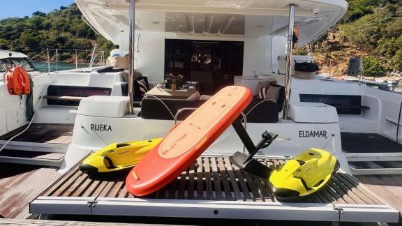 The rear deck of Eldamar offers sea scooters and an efoil for active fun in Trogir waters.