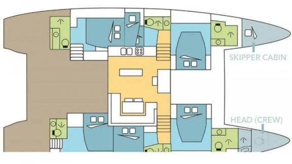 Akana's layout includes 4 guest cabins, 2 crew cabins, a saloon, galley, and bathrooms.