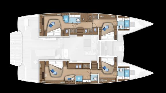 Detailed layout of a Princess S Yacht, showing the arrangement of cabins and bathrooms