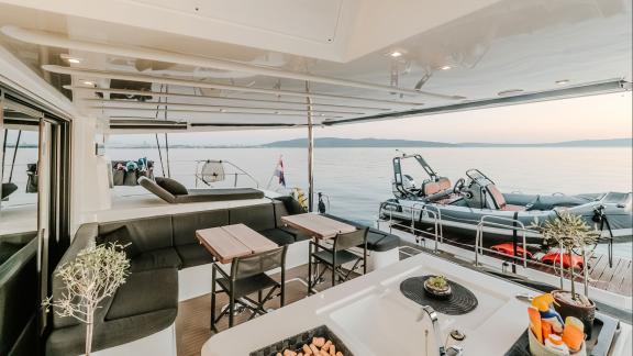 The Lagoon 55 Tri Wing features a cozy bar and seating area at the stern with views of calm Kastela bay.