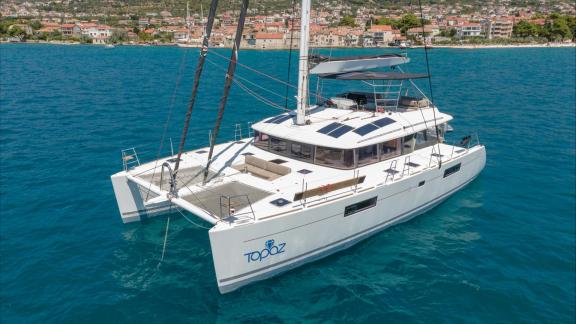 Topaz catamaran anchored in the waters of Split