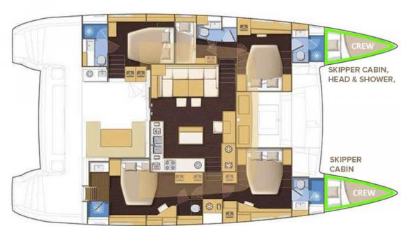 The Lagoon 560 Topaz features a well-organized layout with spacious living areas and crew sections.