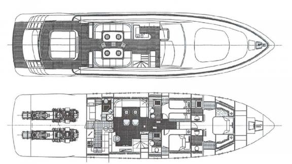Among Cannes yacht charter options Cristal 1 motor yacht shows layout with deck cabins and living areas.