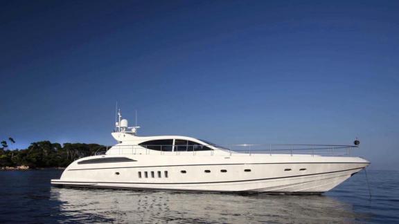 Among Cannes yacht charter options Cristal 1 motor yacht shows sleek long hull and smooth cruising.