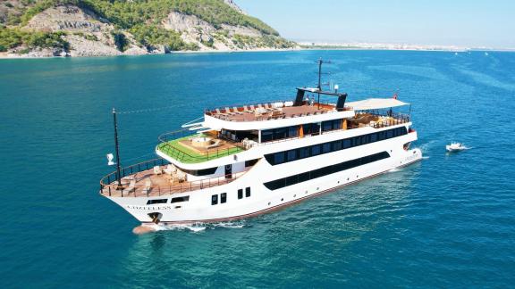 Luxurious 52-meter motor yacht Limitless with 13 cabins, accommodating up to 26 guests, available for charter in Bodrum,