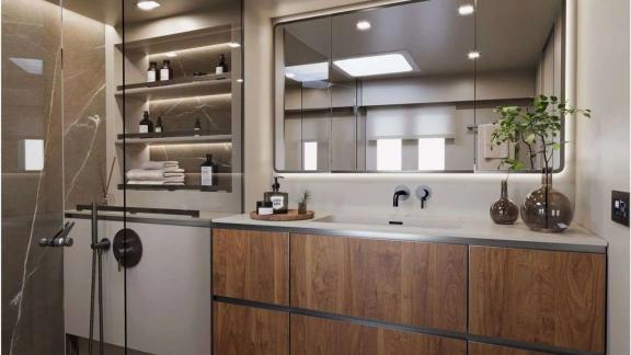 Stylish shower space, wide mirror and natural details on Sunreef 60 Ahalya.