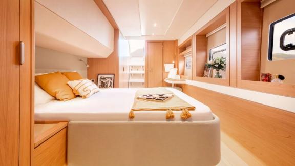 The spacious and stylish master cabin on the Sahana catamaran offers a luxurious stay.