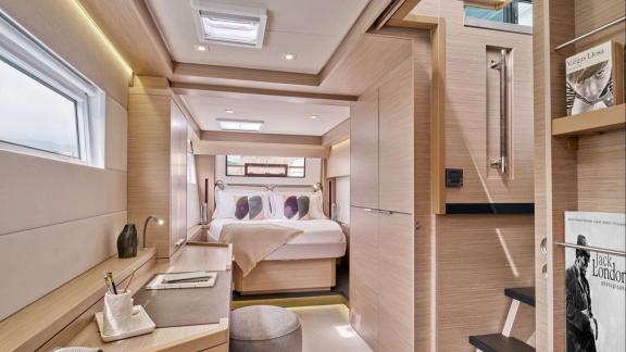 Eldamar’s master cabin offers restful sleep and stylish comfort on charters from Trogir.