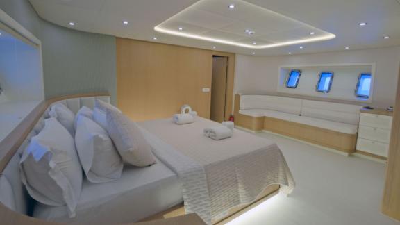 For luxury yacht charter in Fethiye the 6 cabin 12 guest Dodo motorsailer features a spacious master cabin with seating