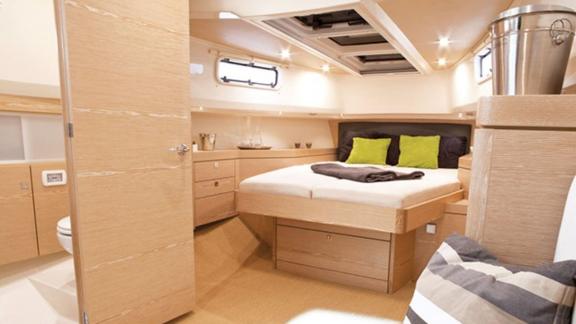 The spacious cabin on the motor yacht Celebrate offers the perfect space for comfortable accommodation.