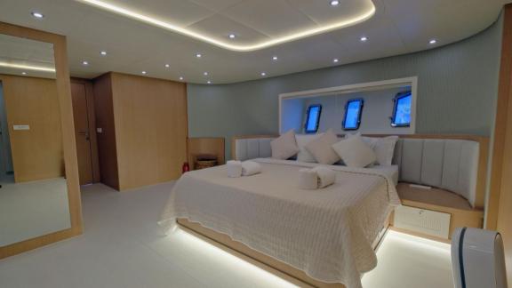 Among Fethiye luxury yacht options the 6 cabin 12 guest Dodo motorsailer features a spacious master cabin with modern in