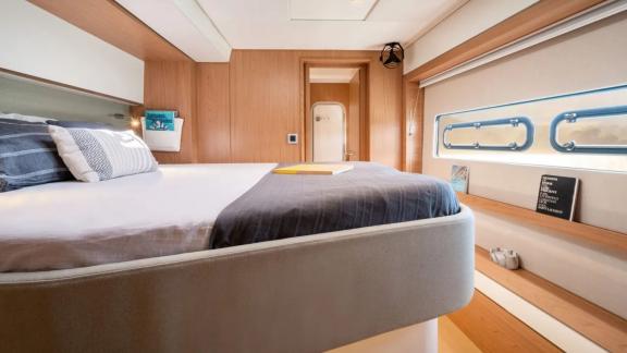 The spacious and modern cabin on the Sahana catamaran offers comfortable accommodations.