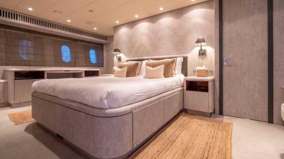 The master cabin of Dark Knight features stylish details and a spacious design, offering a luxurious sleeping area.