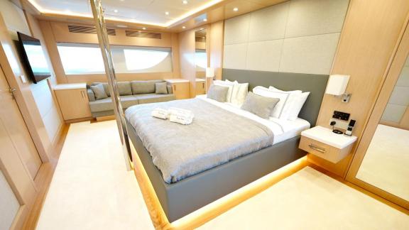 The master cabin of Princess Melda yacht with a bright and modern design.