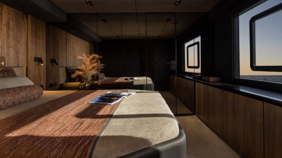 The cabin on Amber One offers relaxing sea views at sunset near Kastela.