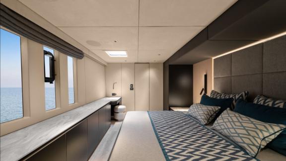 Die Kabine der N1 Sunreef 70 vereint modernes Design mit Meerblick.