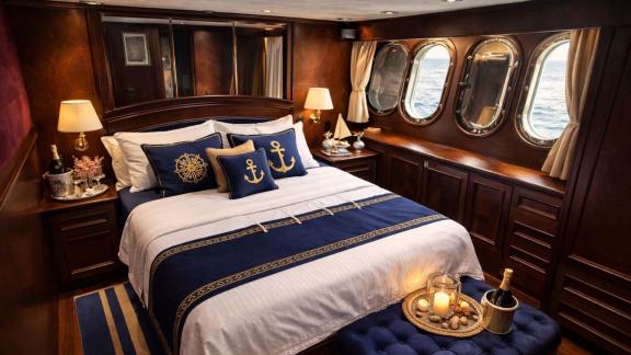 Among Göcek yacht charter options the 5 cabin 10 guest River Storm motor yacht features a spacious master suite with sea