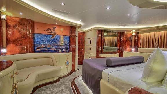 The luxury yacht in all her glory fascinates with her modern interior and aesthetic painting.
