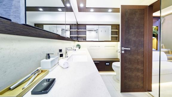 Stylish bathroom with spacious vanity and elegant fittings on Lagoon Seventy 7.