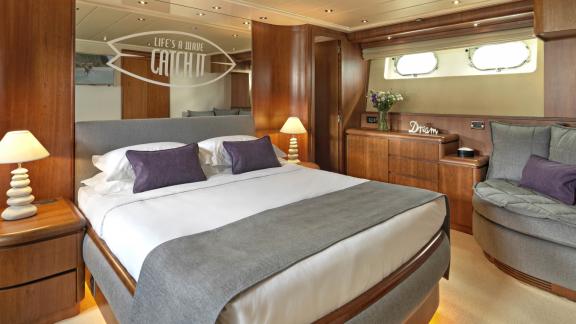 Elegant master cabin of the 30-meter Motor Yacht Martina, perfect for restful nights in Greece.