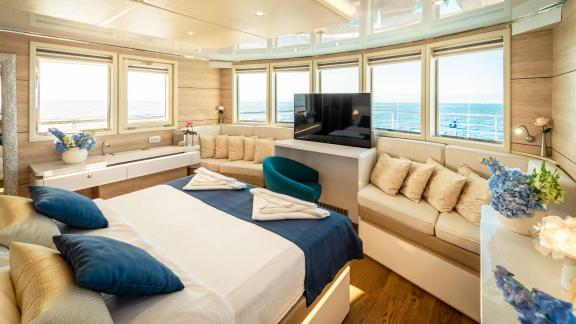 The luxurious cabin of the Motor Yacht Riva offers comfort and stunning views in Croatia.