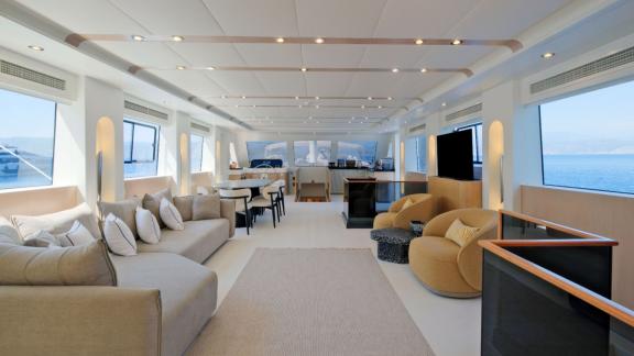 For Fethiye yacht charter the 6 cabin 12 guest Dodo motorsailer features a bright saloon with panoramic windows.