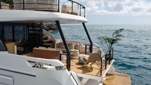 In Sibenik motor yacht charter option Balance aft deck with lounge seating and sea view offering relaxing experience vis