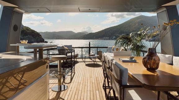 In Sibenik motor yacht charter option Balance upper deck with seating area table and panoramic sea view offering relaxin