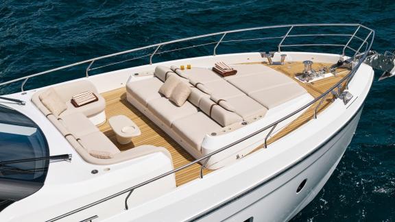 In Sibenik motor yacht charter option Balance foredeck with sunbeds and sea view offering relaxing comfort visible.