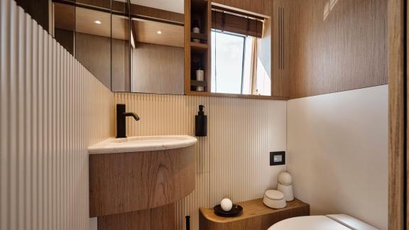 In Sibenik motor yacht charter option Balance bathroom with sink mirror and modern interior offering comfortable use vis