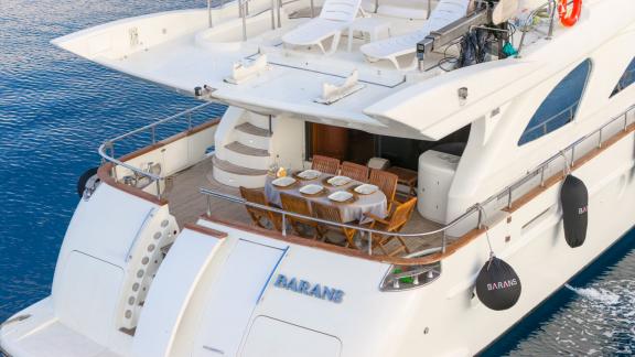 Barans features a spacious stern platform for private motor yacht charters and easy sea access in Bodrum.