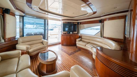 Barans features a panoramic main salon for luxury motor yacht charters and VIP sea holidays in Bodrum.