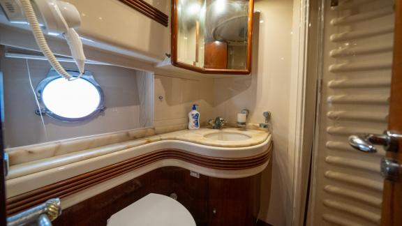 Barans features a private guest bathroom for luxury motor yacht charters and comfortable yacht stays in Bodrum.