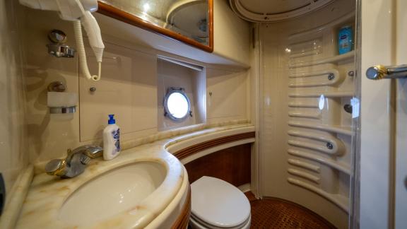 Barans features a modern guest bathroom for luxury motor yacht charters and comfortable stays in Bodrum.