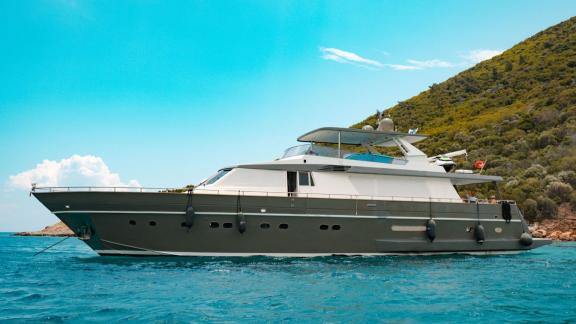 Bona Dea motor yacht in Gocek showcases modern lines and spacious deck areas for luxury yacht holidays.