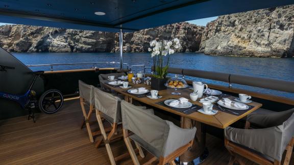 Luxurious dinner on the 35m motor yacht in Mykonos.