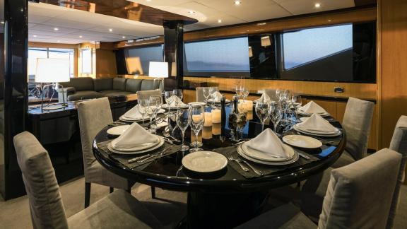 Elegant dining room for special occasions on the 35m motor yacht in Mykonos.