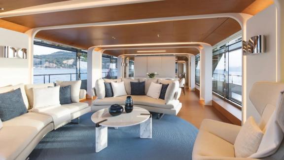 Bright, modern salon with neutral tones aboard motor yacht Dawo, anchored in Sibenik.