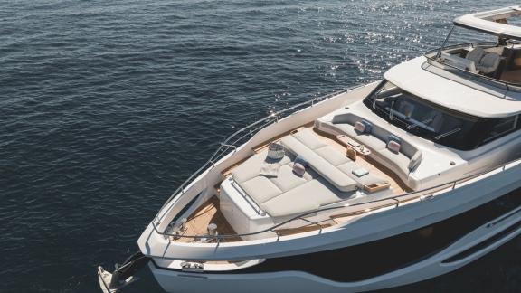 In Sibenik motor yacht charter option First Horizon foredeck with seating and sunbathing area visible.