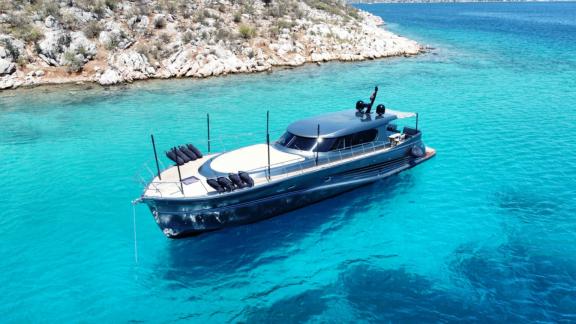 Motor yacht Fundamental B anchored in turquoise waters.