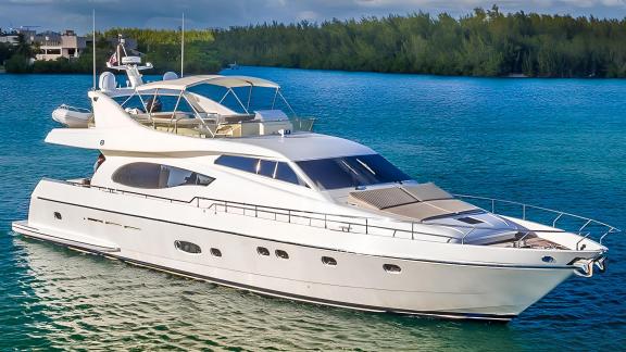 The exterior of the Hasard yacht stands out with its luxurious design and spacious deck areas.