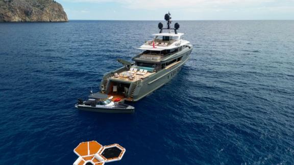 In Spain weekly yacht rental options Moka shows swim platform and water toys area.